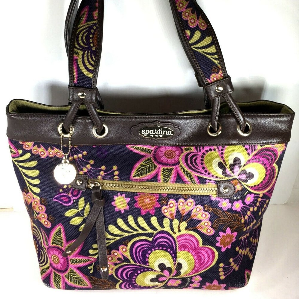 Spartina 449 Floral Linen Brown Leather Trim Tote